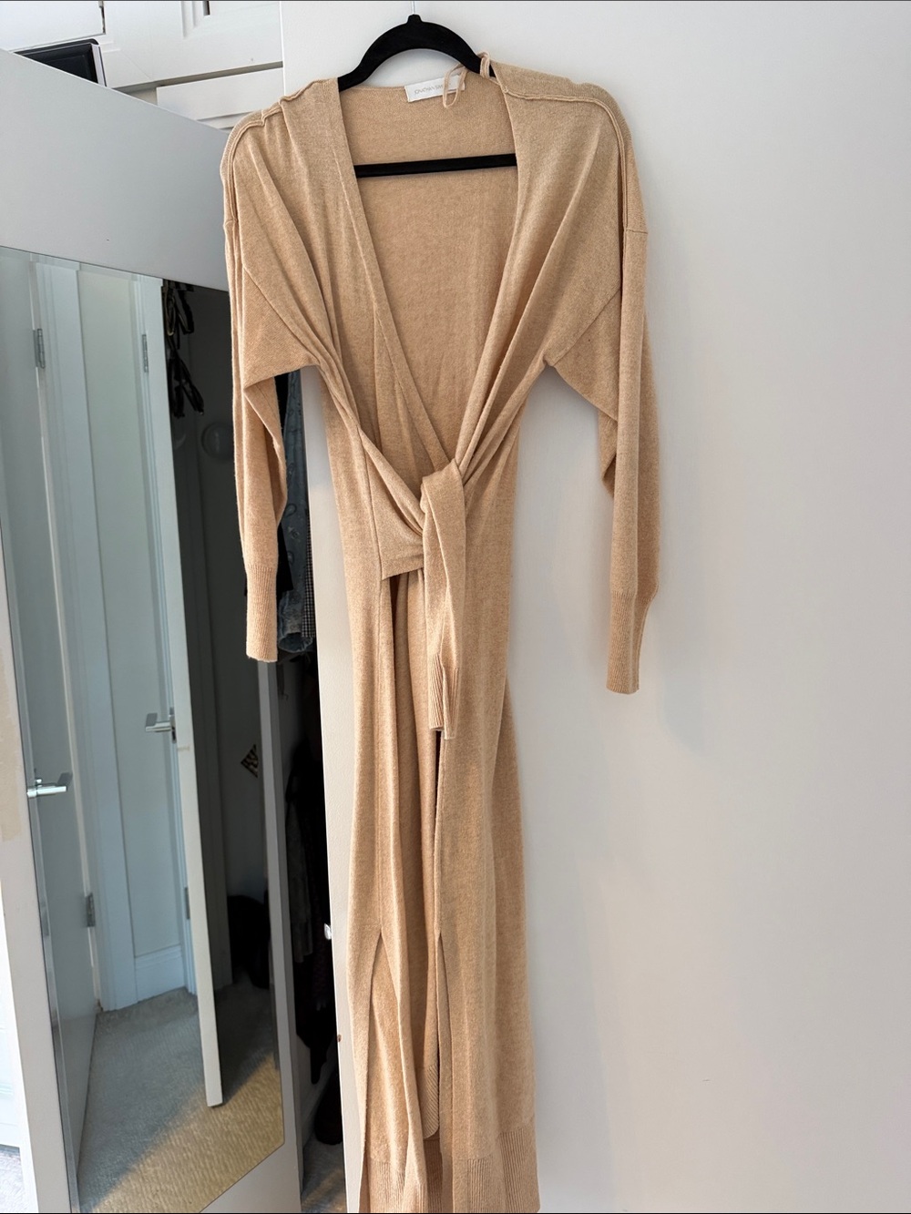 Jonathan Simkhai Long Knit Tie-Belt Robe in Beige